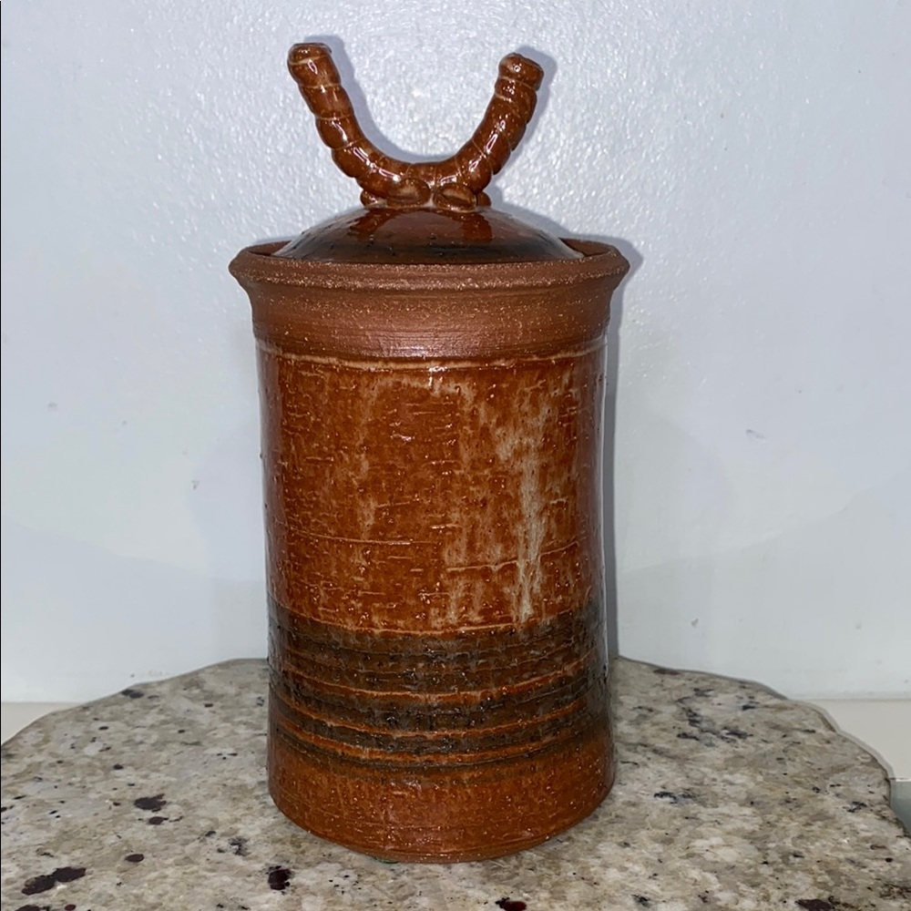 Phoebe Glazed Blue Brown Hand Painted Pottery Jar with Lid Signed 9”